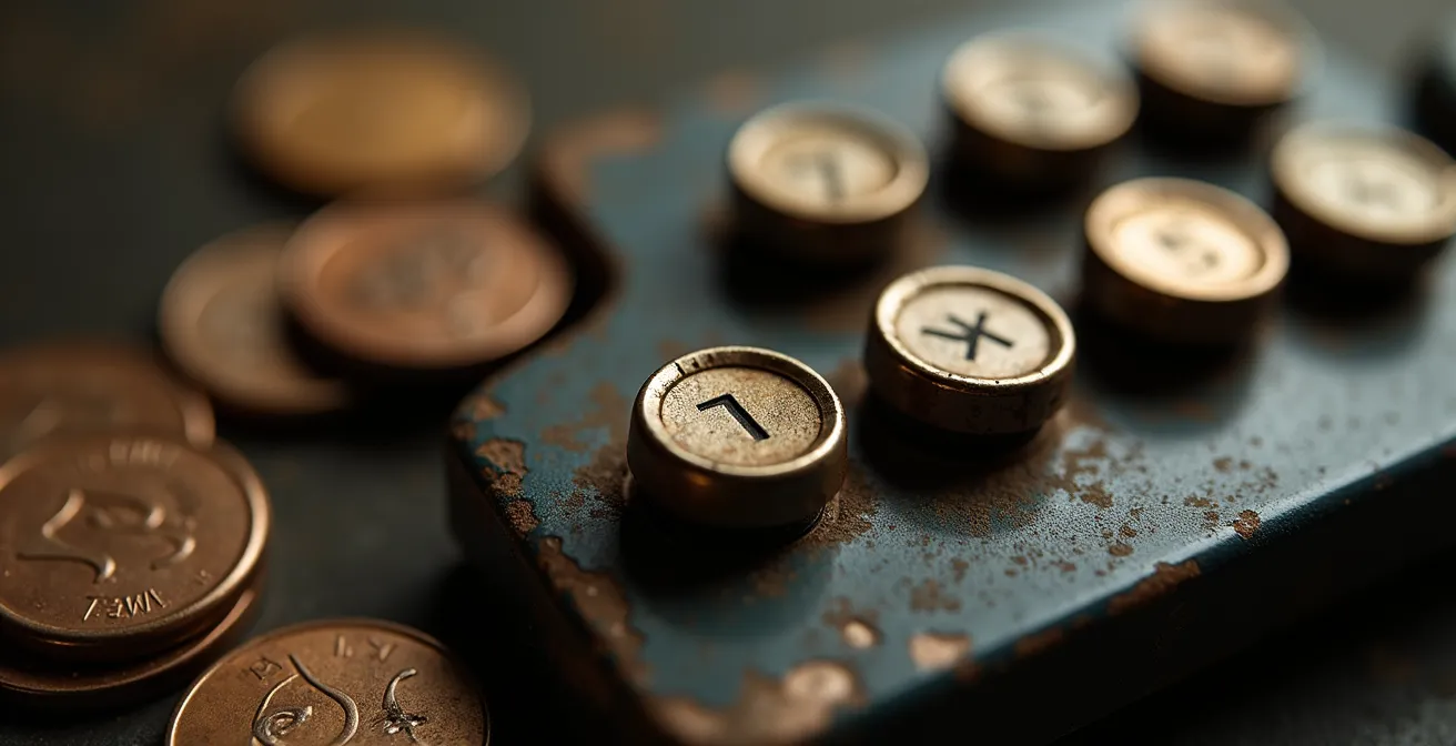 Vue macro d'une calculatrice vintage avec des pièces de monnaie floues en arrière-plan