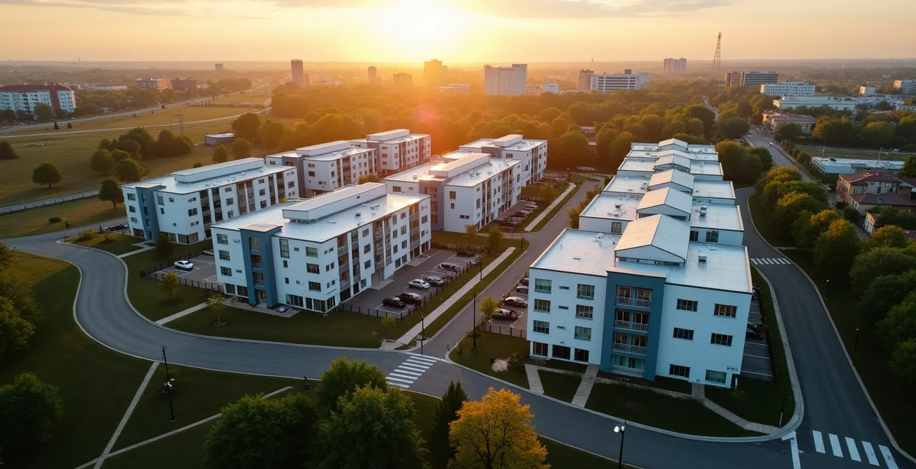 Perspective aérienne d'un quartier résidentiel avec des bâtiments modernes entourés de verdure