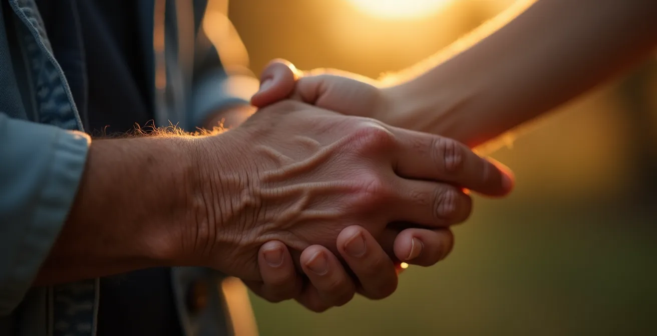 Gros plan sur une main âgée tenant délicatement une main plus jeune