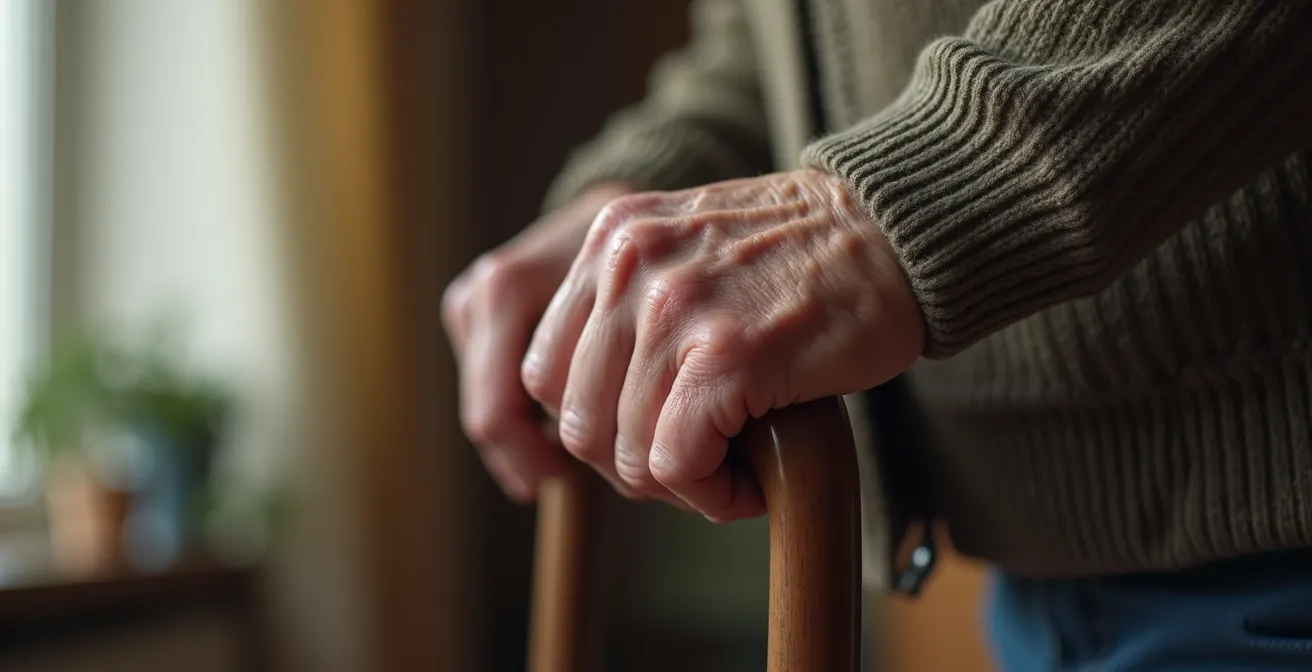 Gros plan sur des mains âgées tenant une canne de marche avec un arrière-plan flou