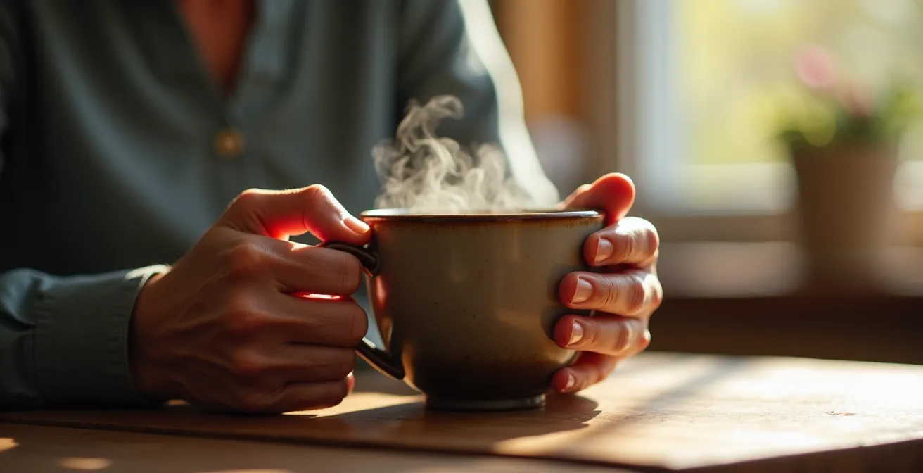 Gros plan sur des mains tenant délicatement une tasse de thé avec vapeur visible