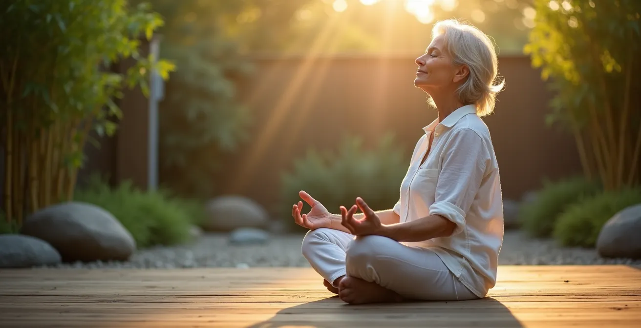 Personne mature méditant dans un jardin paisible au lever du soleil