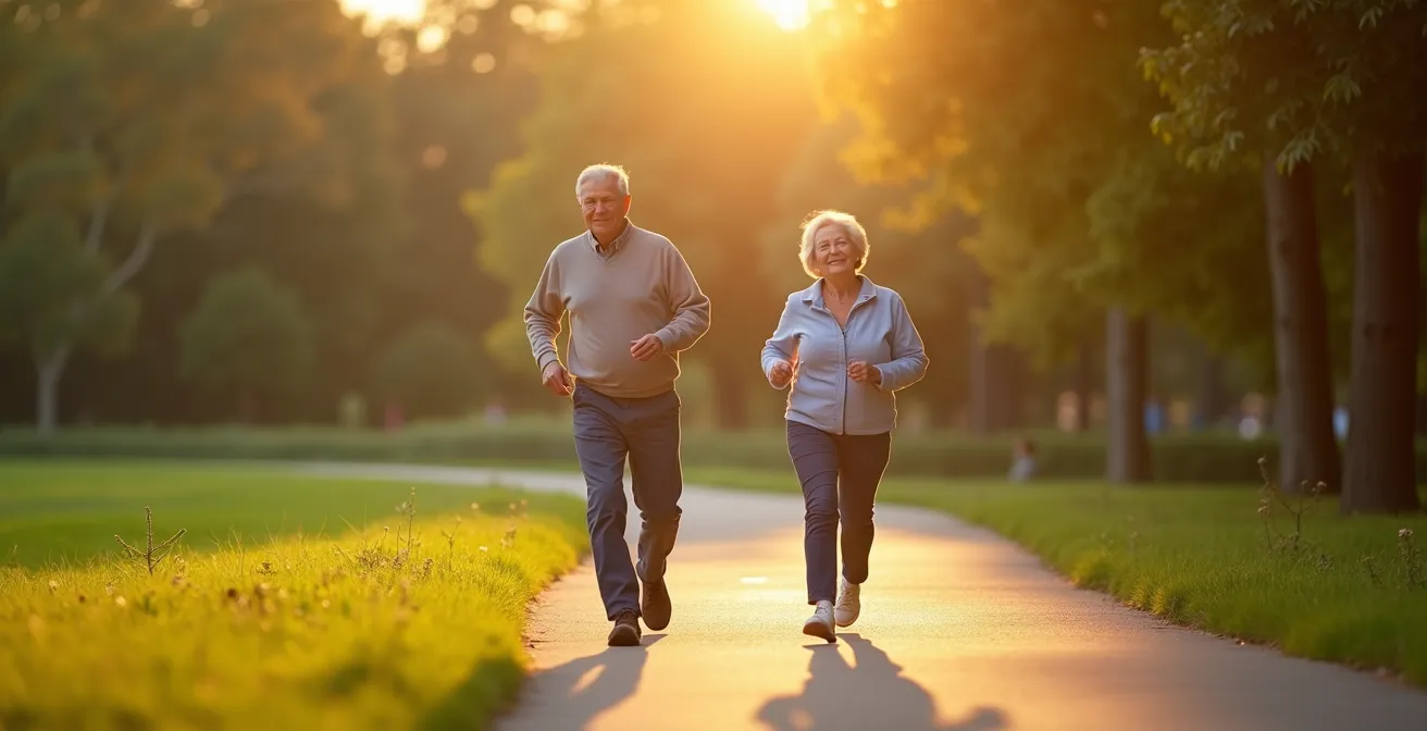 Couple de seniors pratiquant la marche active dans un parc verdoyant