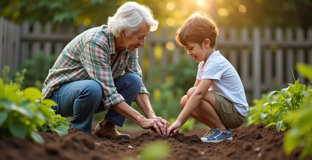 Enfant et grand-parent plantant ensemble dans un jardin potager ensoleillé