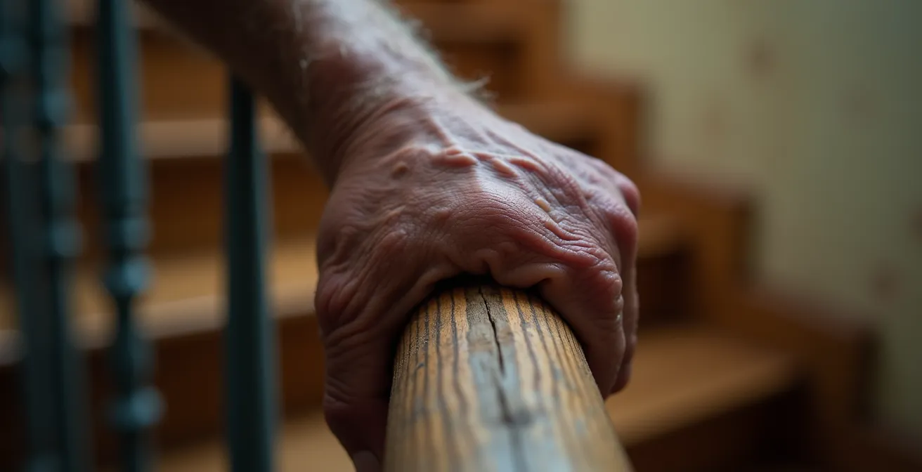 Gros plan sur une main âgée s'agrippant à une rampe d'escalier en bois patiné