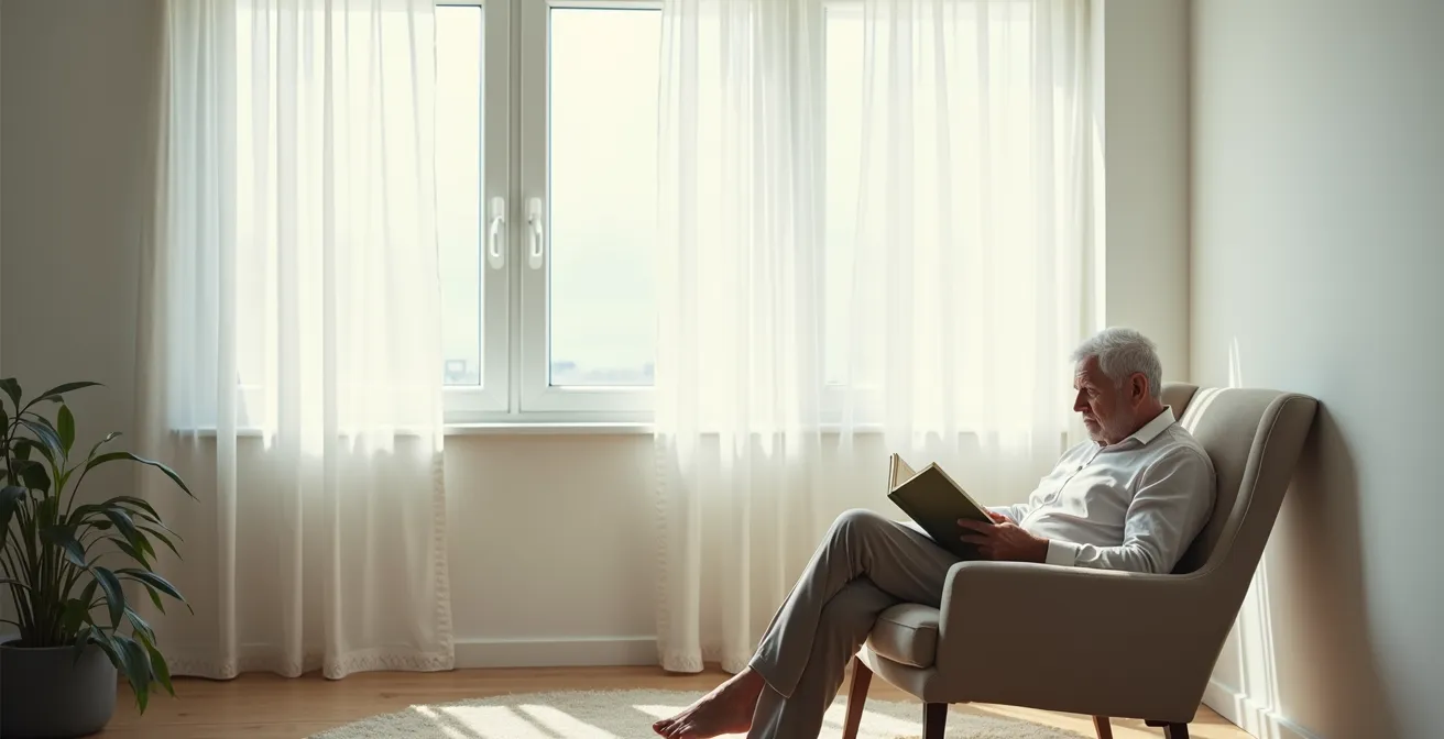 Salon lumineux et aéré avec personne âgée lisant paisiblement dans un fauteuil confortable